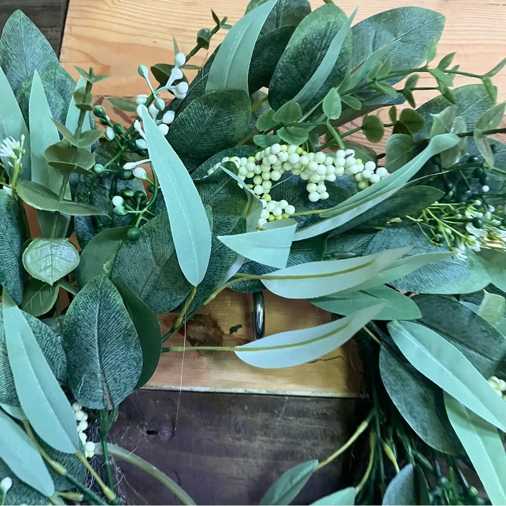 Faux Eucalyptus leaves and white berries wreath 20”